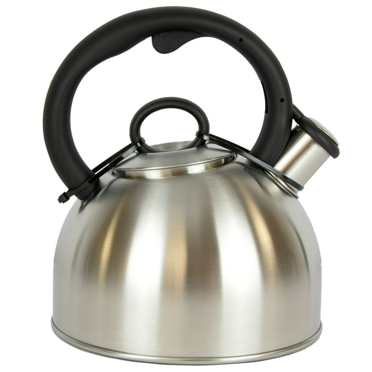 Creative Home 12 Cups Satin Finish Stainless Steel Whistling Tea Kettle Teapot with Ergonomic Simple-Touch to Open Handle