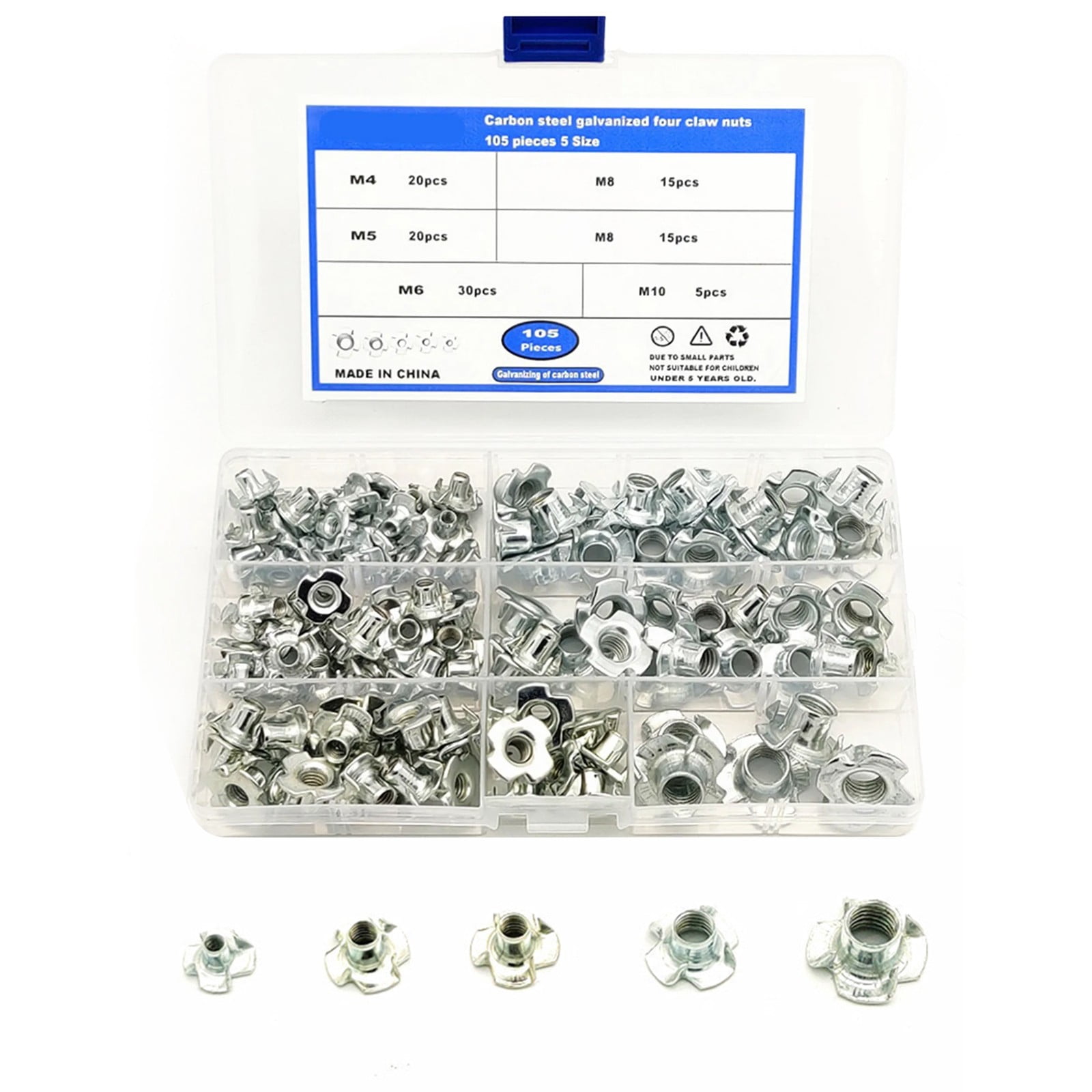 105Pcs T Nut Tee Nut 4 Pronged T-Nut Tee Nut 4 Pronged Blind Nut Stainless Steel