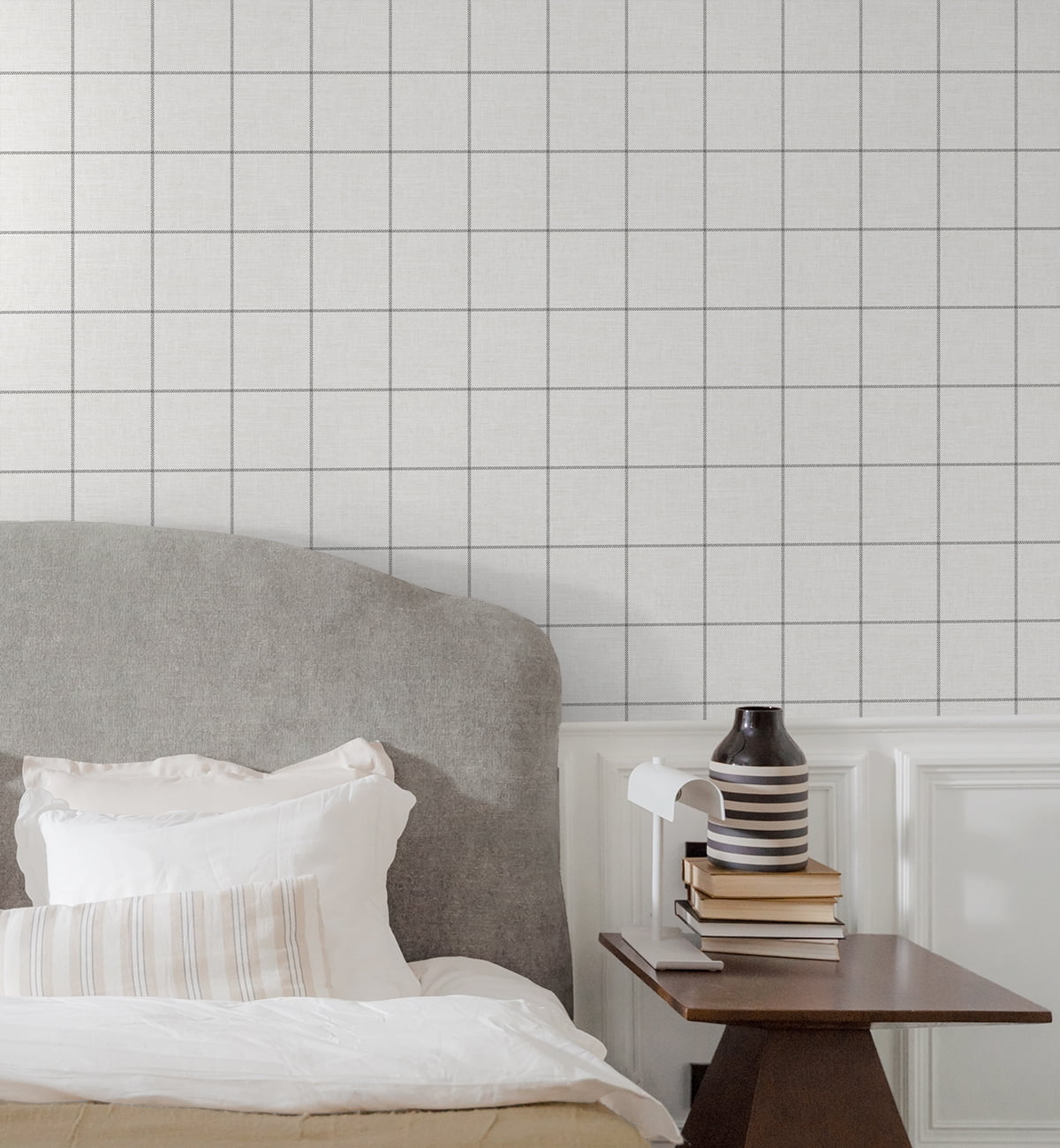 NextWall Charcoal & Linen Classic Striped Check Peel and Stick Wallpaper - 20.5 in. W x 18 ft. L Roll