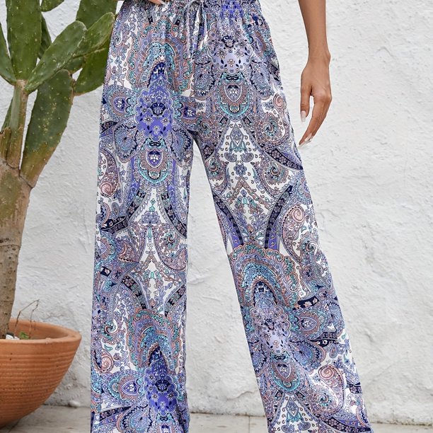 Pantalones De Pierna Ancha Con Estampado De Paisley Bohemio, Pantalones Elásticos Con Cordón Bohemio, Ropa De Mujer
