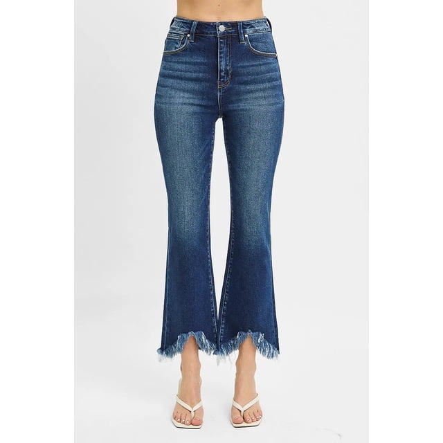 I AM A FASHION JUNKY RISEN Full Size High Rise Crop Bootcut Fray Hem Jeans Plus Size (Dark, 15(32))
