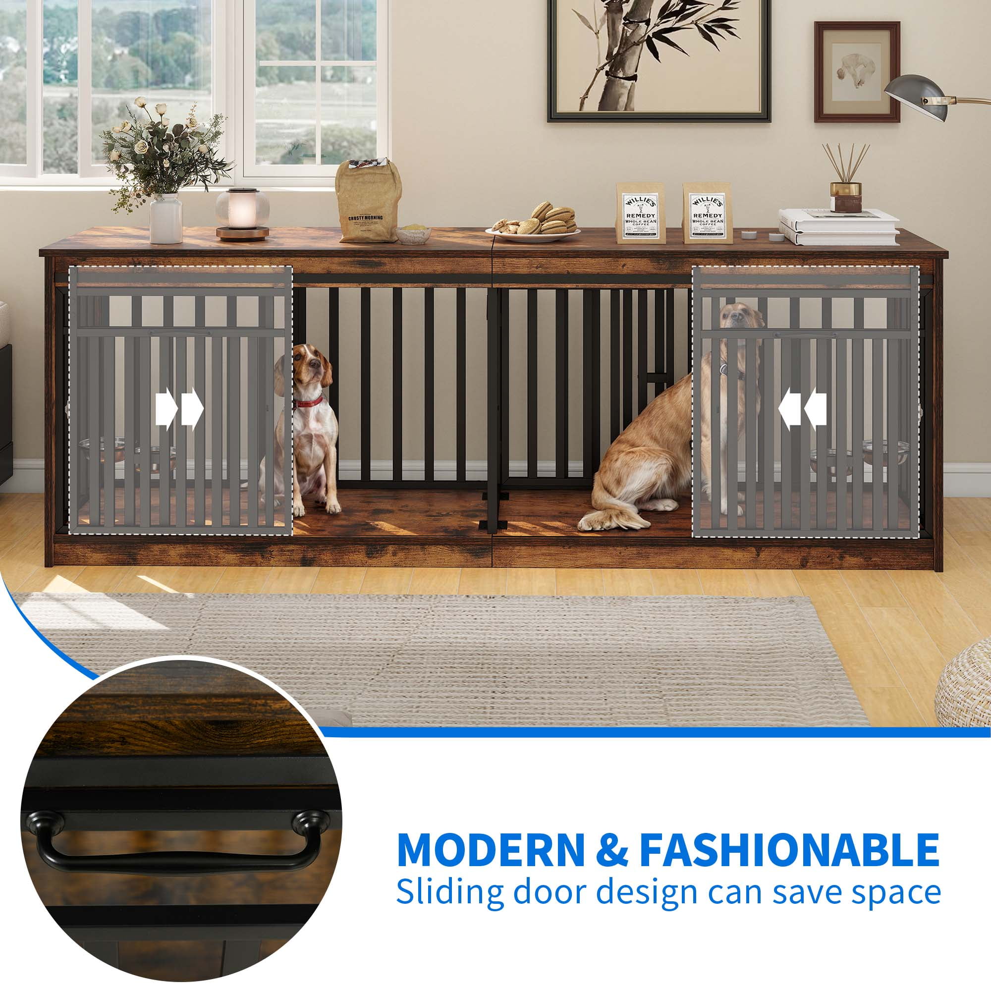 Dextrus Wooden Large Double Dog Crate Furniture for 2 Dogs with 2 Sliding Door, 86.6 in Wood Dual Dog Kennel TV Stand, Rustic Brown