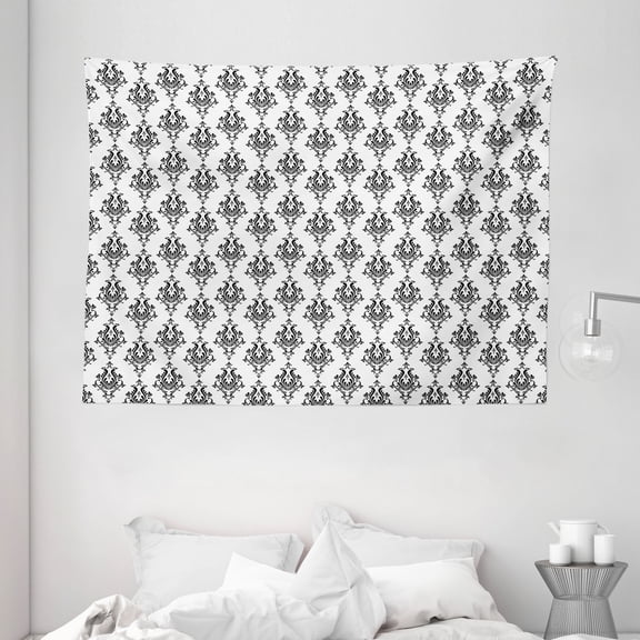 Damask Tapestry, Baroque Style Victorian Renaissance Pattern with Arabesque Effects Vintage Design, Wall Hanging for Bedroom Living Room Dorm Decor, 80W X 60L Inches, Black White, by Ambesonne