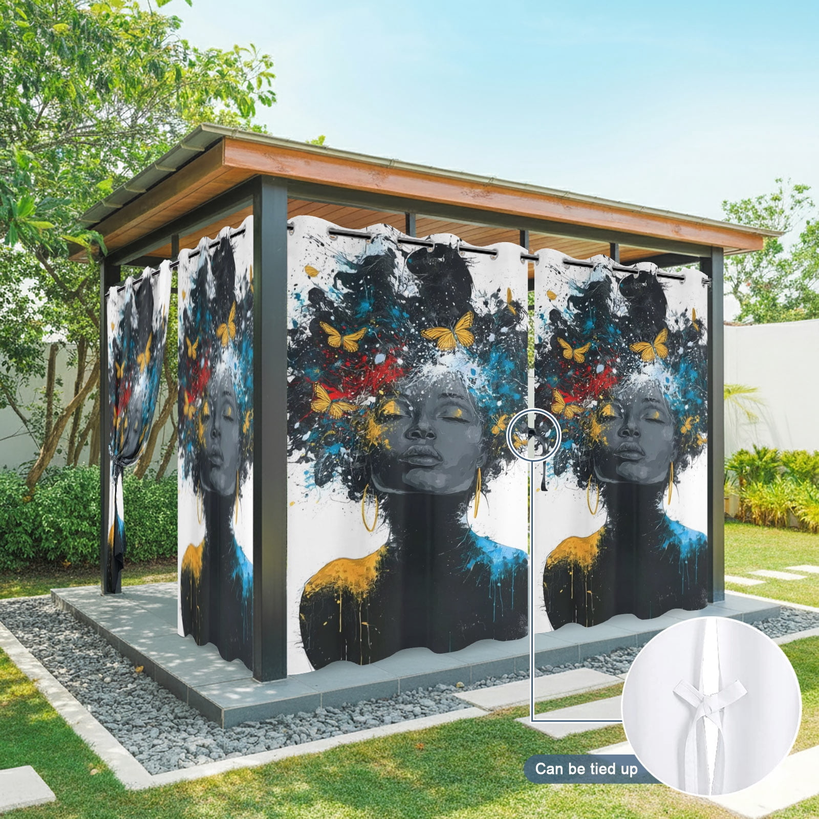 African American Outdoor Curtains for Patio, Female Portrait Butterfly Sparkles Sunshade Privacy Drapes Grommet Waterproof Outside Curtains for Porch/Cabana/Balcony 54"x 108", 1 Panel