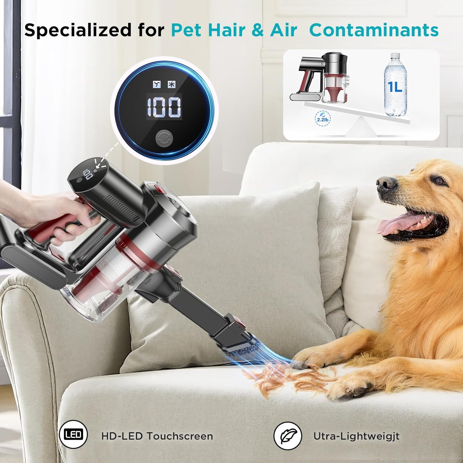 KANFUAQ Cordless Vacuum Cleaner, 38KPA/450W 50Min 2500mAh Stick Vacuum for Home Pet Hair Carpet Hardwood Floor
