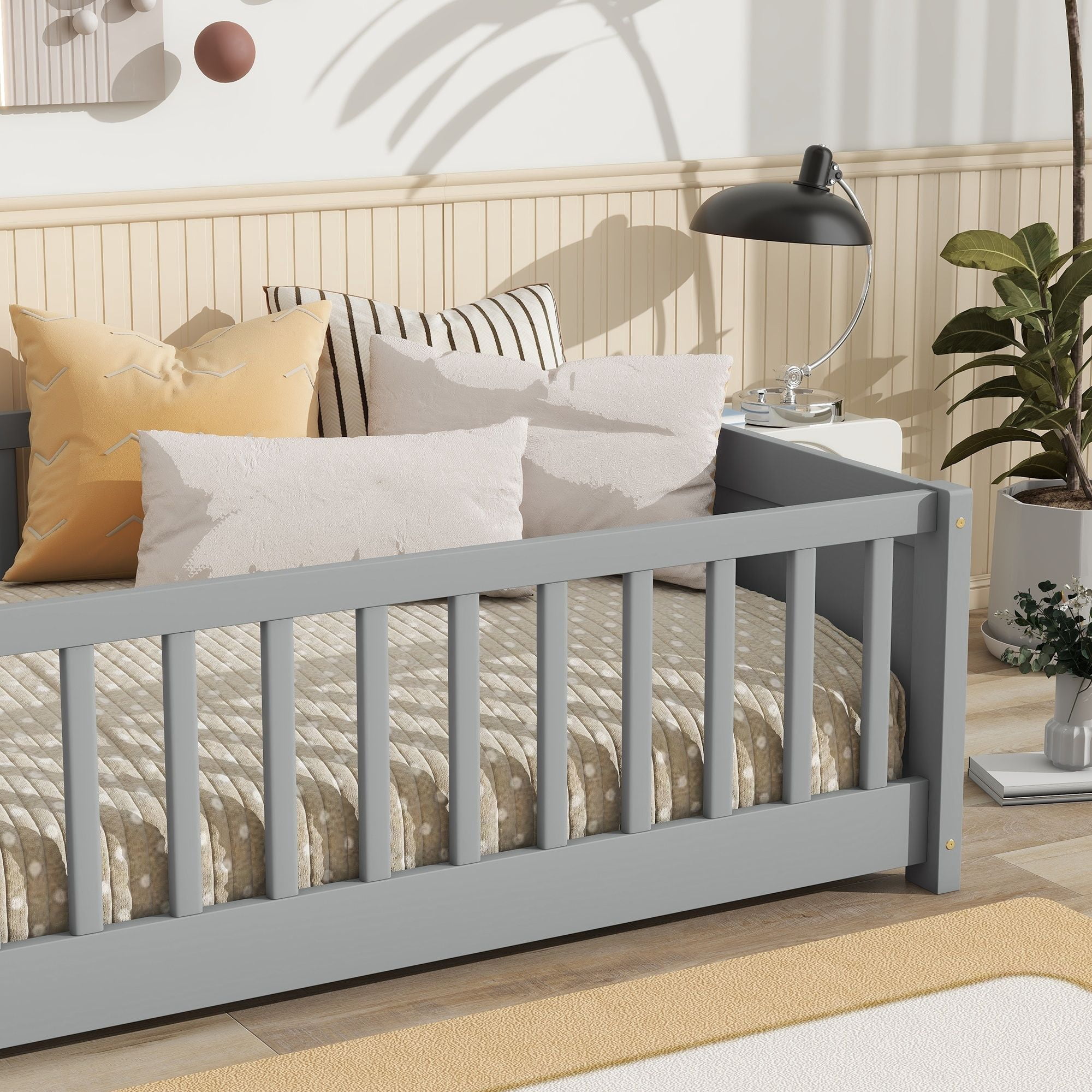 Alvantor Montessori Floor Bed Twin Size for Kids, Toddler Wooden Platform Bed Gray