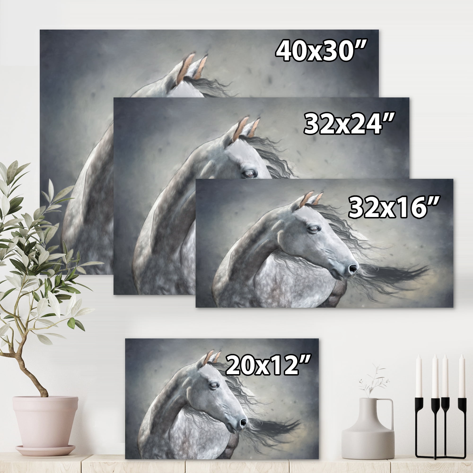 Designart ' Black and White Portrait Of A Wild Horse ' Farmhouse Canvas Wall Art Print
