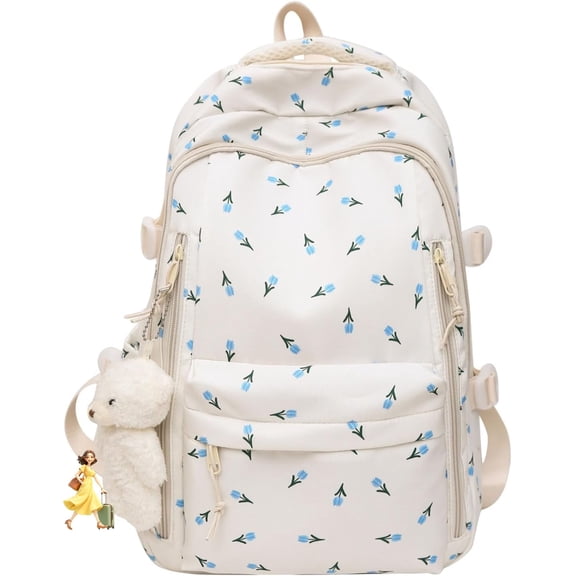 LINXI Cute Kawaii Cherry Print Backpack with Bear Charms, Aesthetic Daily School Bag (Blue Flower)