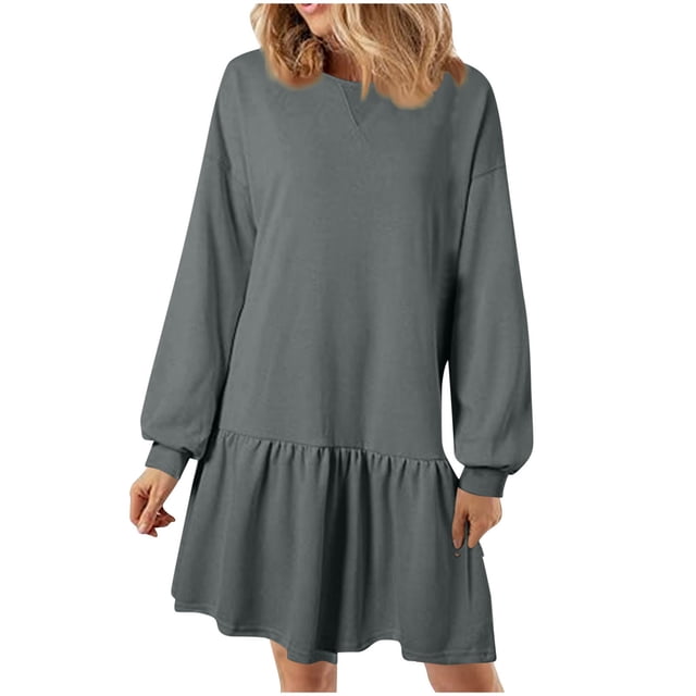 Lovzfmll Robe Mode Femme Couleur Unie Manches Longues Col Rond Gris Foncé, 2TG