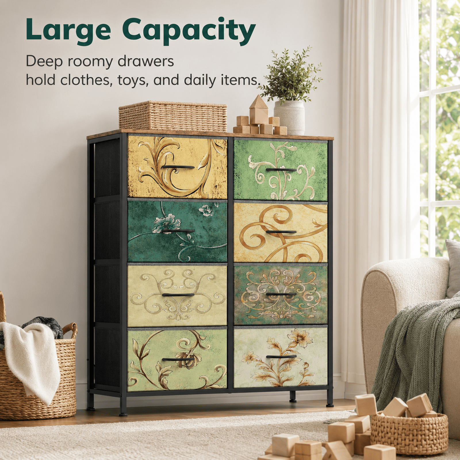 Alvantor 4/5/7/8/9-Drawer Dresser, Fabric Storage Tower for Bedroom, Hallway, Entryway, Closet, Tall Chest Organizer Unit with Fabric Bins, Steel Frame, Wood Top, Easy Pull Handle, Floral Painted