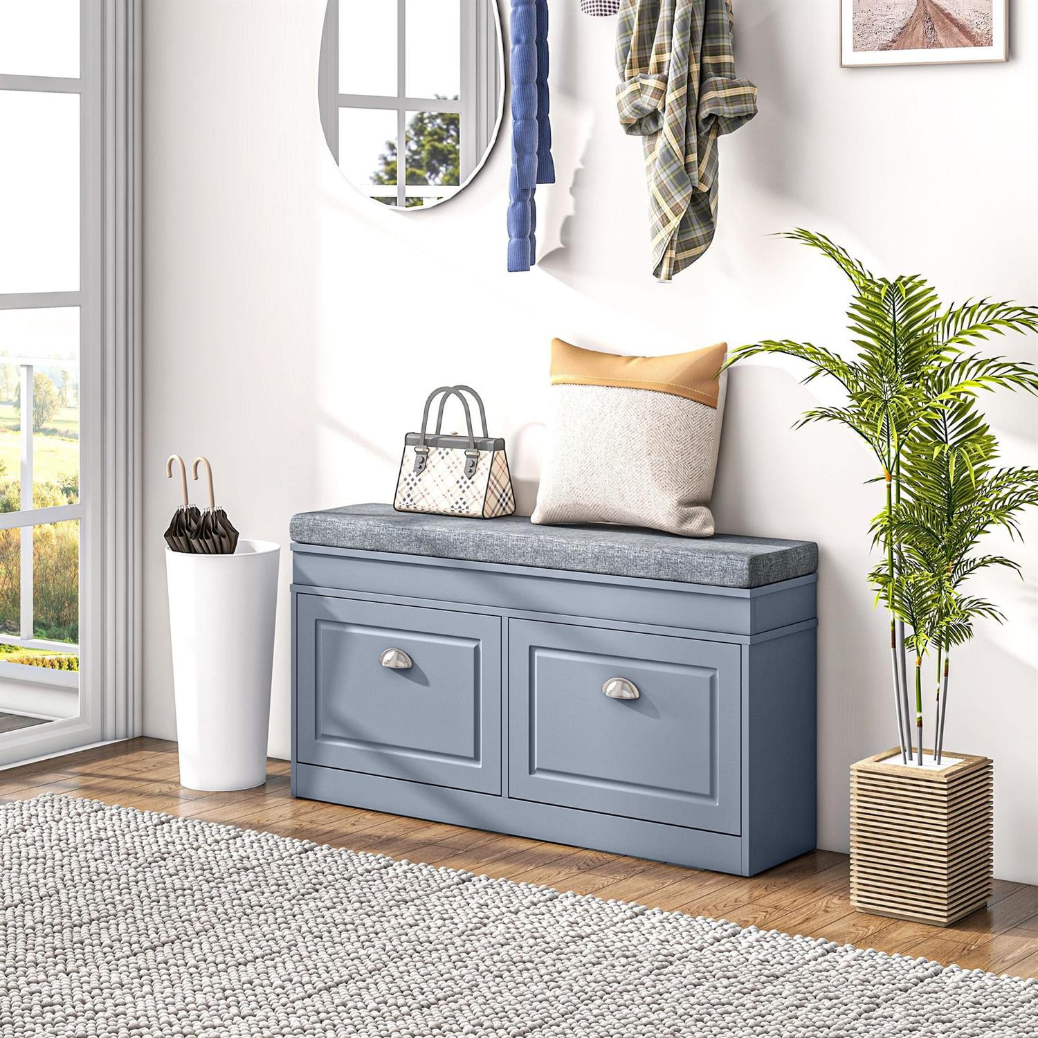 Demi Bonn 41" Shoe Storage Bench with Cushion and Drawers, Organizer for Entryway, Comfortable Sitting and Storage for 8 Pairs of Shoes, Gray