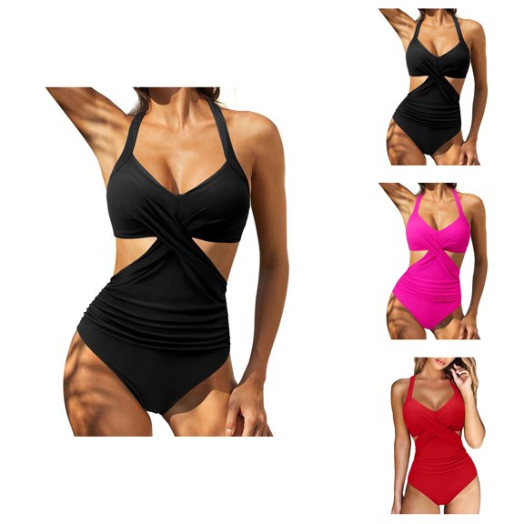 One Piece Swimsuit Women Front Cross Cut out V Neck Monokini Tummy Control Ruched High Waisted Bathing Suit Swimwear