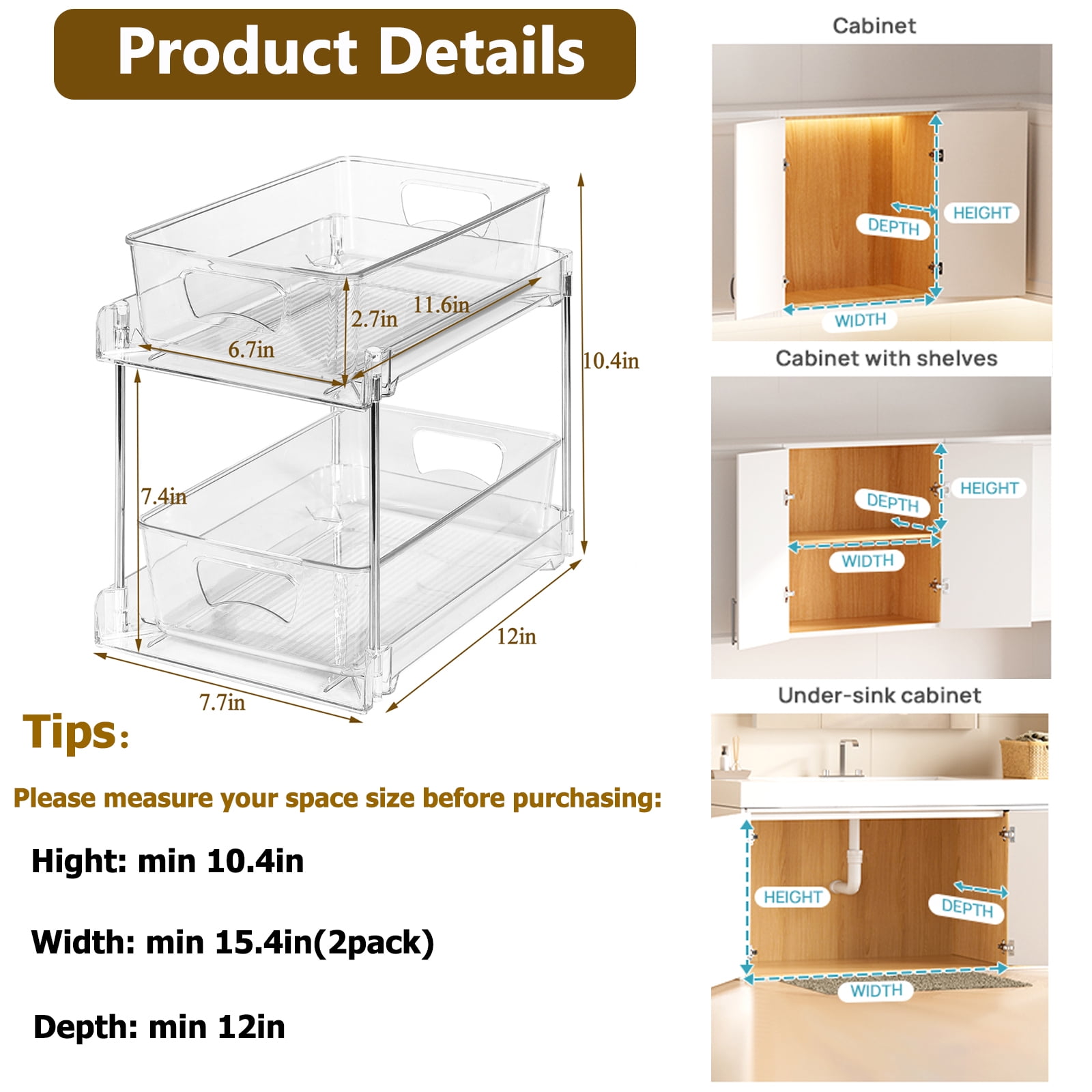Kisportee 2 Pack Under Sink Organizer, 2 Tier Pull-Out Bathroom Organizers and Storage,  Kitchen Cabinet Organizer for Pantry, Kitchen