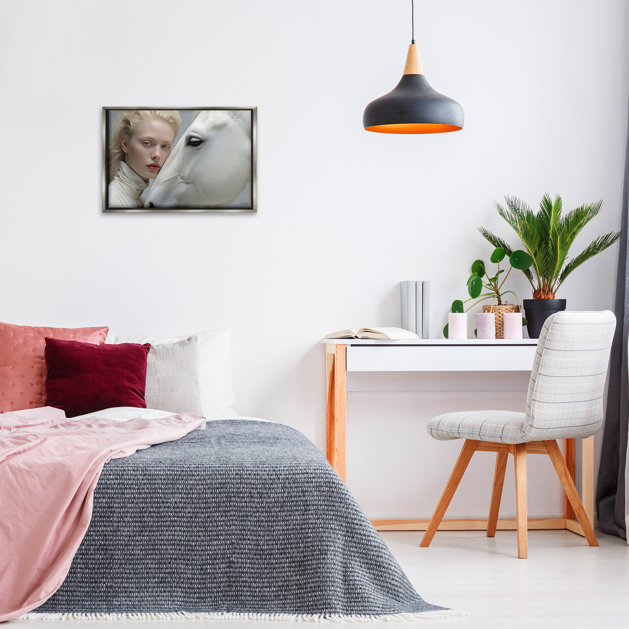 Stupell Industries White Horse & Woman People Painting Gray Floater Framed Canvas Art Print Wall Art, 25 x 17