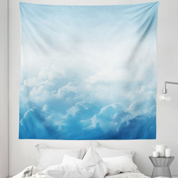 Nature Tapestry, Fluffy Clouds High Above Ground Mass of Condensed Water Vapor Floating Dream Image, Fabric Wall Hanging Decor for Bedroom Living Room Dorm, 5 Sizes, Blue White, by Ambesonne