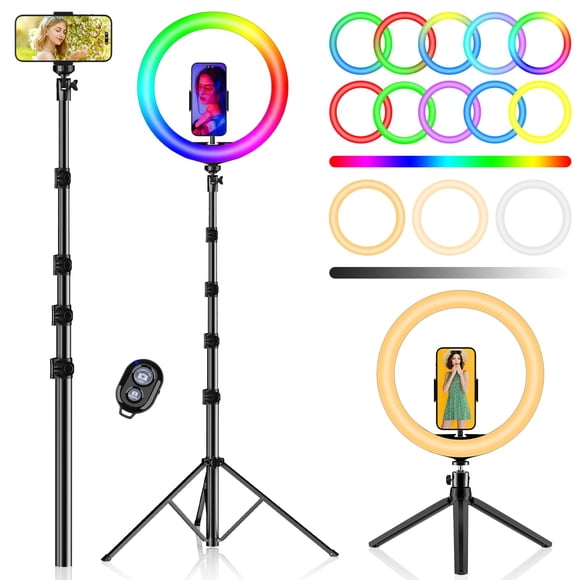 PEYOU 12" Selfie Ring Light with 73" Extendable Tripod Stand with 【Desk Ring Light 】 38 Color Modes, Upgrade 3 in 1 Dimmable Adjustable Speed