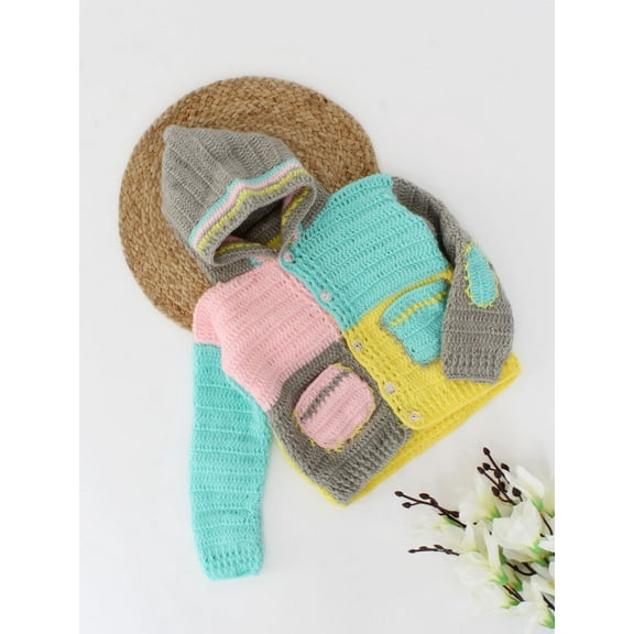 Woonie Handmade Pocket Detailing Hooded Color Block Cardigan-Multicoloured