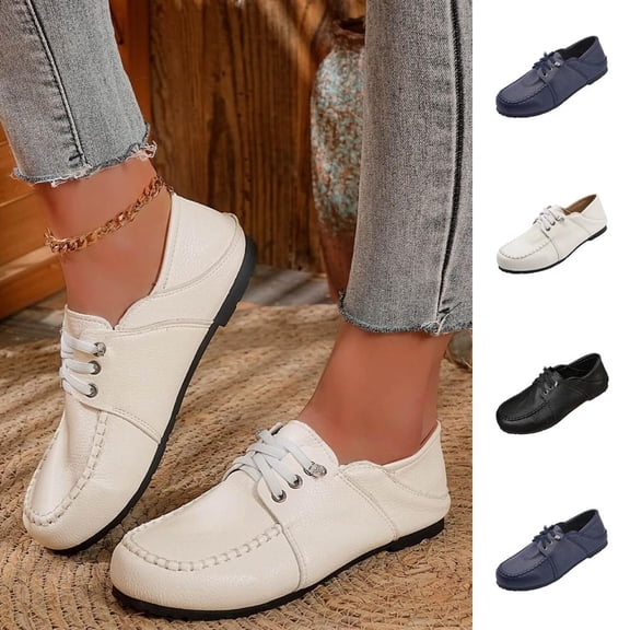BXSRUTA Women's Plus Size Casual Comfort Lace Up Flats Soft Faux Leather Breathable Walking Shoes Roomy Toe Box Cushioned Insole