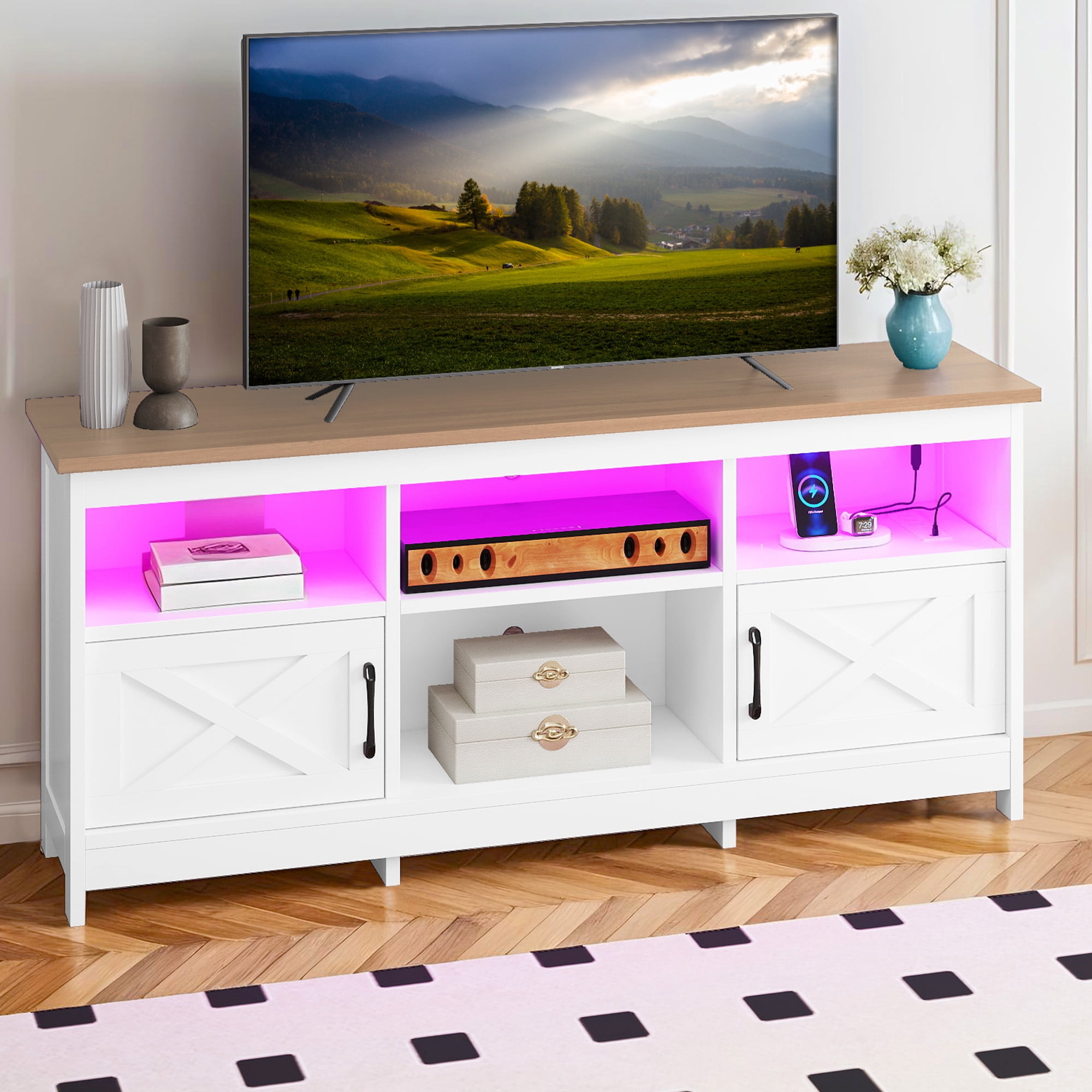 Uforic TV Cabinet with Storage, LED Lights, and Power Outlet, TV Stand for Living Room, Bedroom, or Apartment, Accommodate 65 Inch TVs, White and Walnut