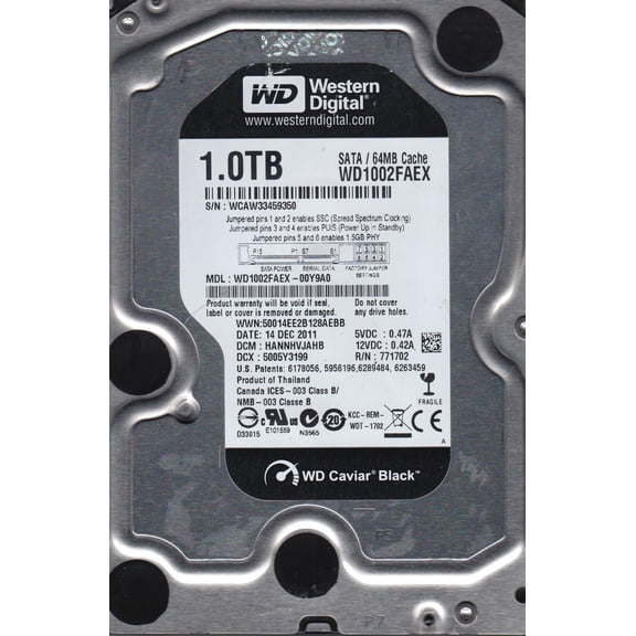 WD1002FAEX-00Y9A0, DCM HANNHVJAHB, Western Digital 1TB SATA 3.5 Hard Drive