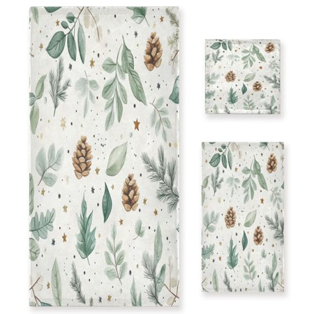 3 Piece Bath Towels Set Bath Towel, Hand Towel and Face Towel for Bathroom, Gym, Hotel Green Leaves and Pine Cones