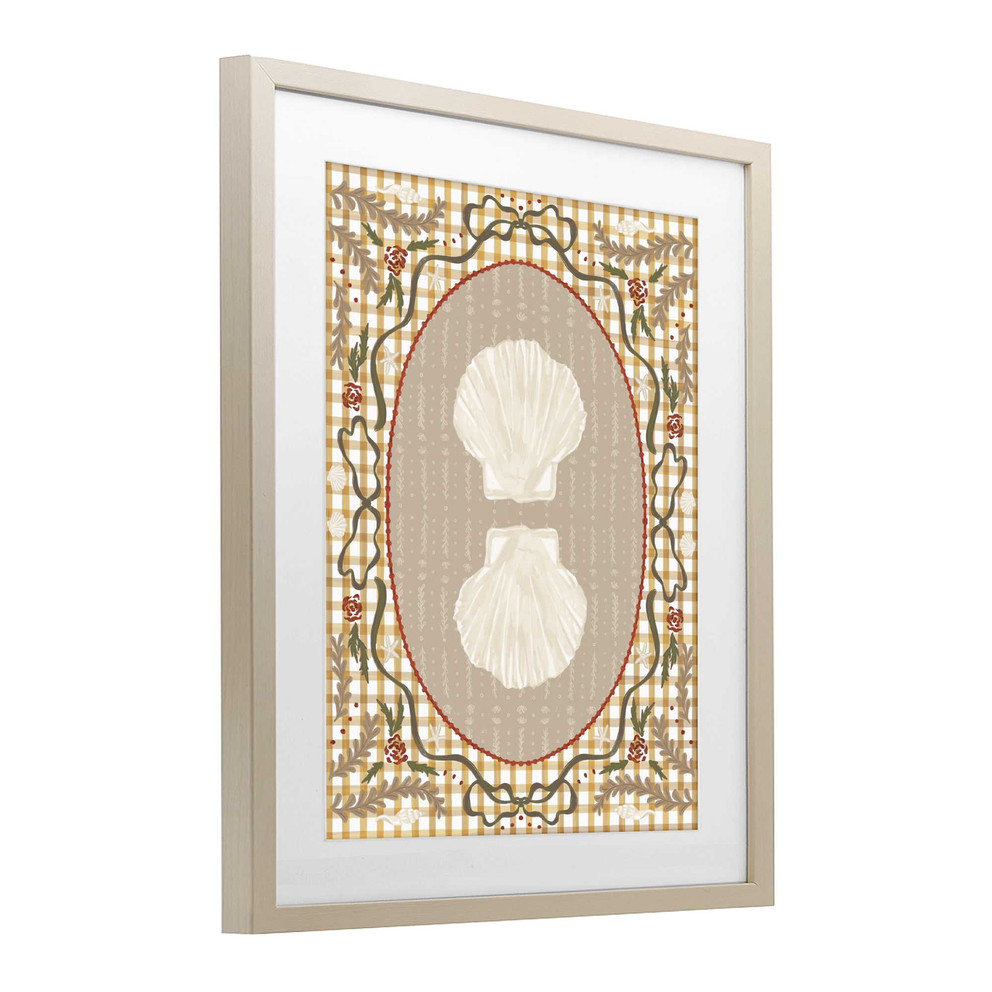 Stupell Industries Vintage Shells on Gingham Birch Framed Print Under Glass, design by Vero Illustrates
