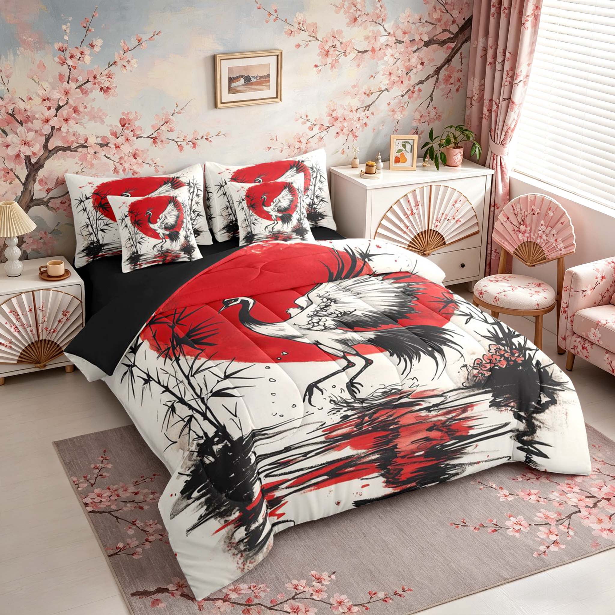 Manfei Ink Red Sun Crane Twin Bedding Sets for Girls, Bamboo Water Bedding Comforter Set, Black Red White, Black Reversible7-Piece