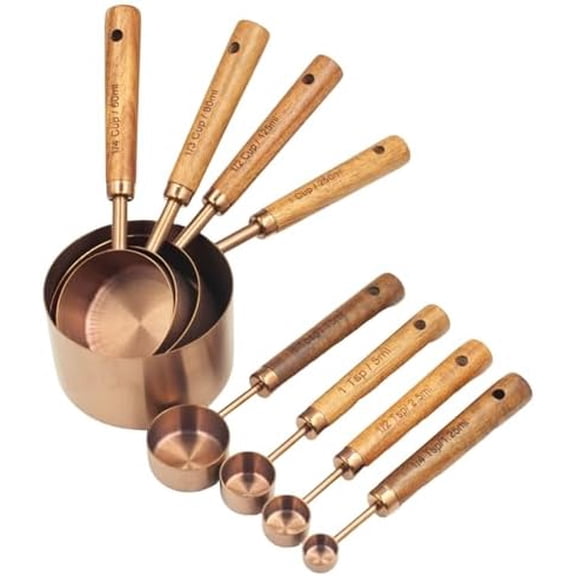 Measuring Cups and Spoons Set of 8, Stainless Steel Measuring Cup with Wooden Handle, Kitchen/Food/Liquid/Baking (Copper)