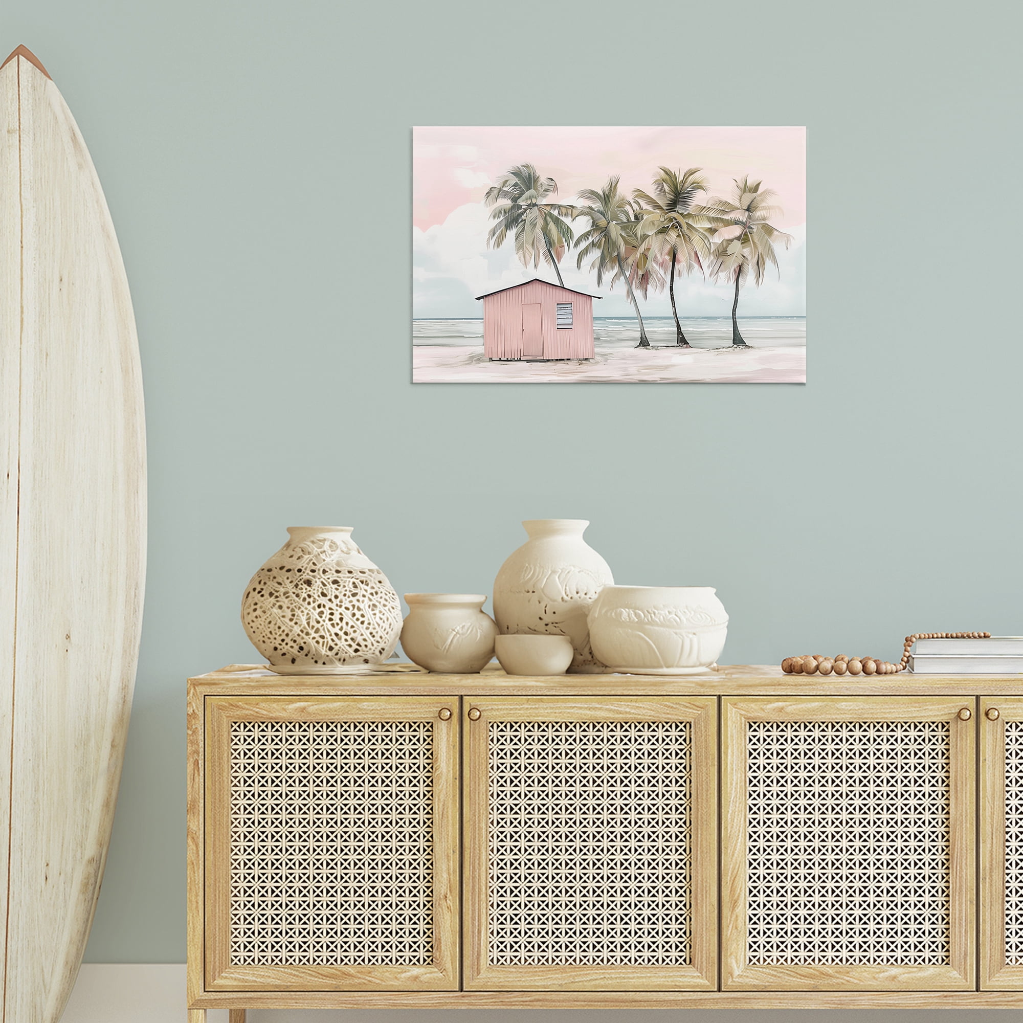 Stupell Industries Pink Beach Hut & Palms Nautical & Beach Painting Wrapped Canvas Art Print Wall Art, 30 x 20