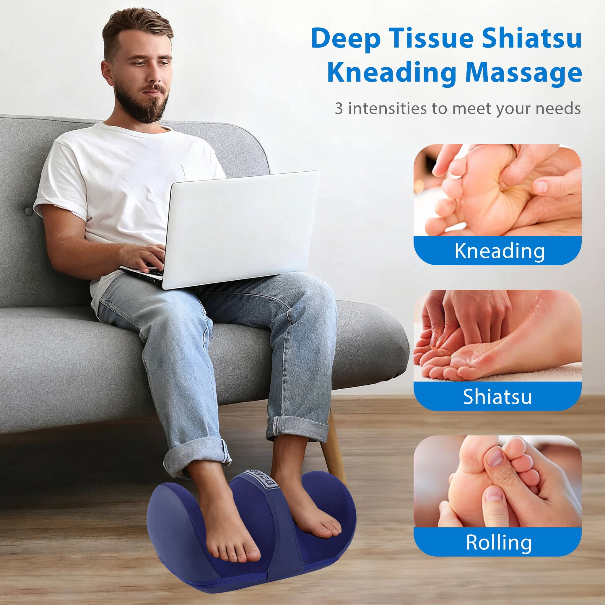 Morfone Shiatsu Foot Massager with Heat, Foot and Calf Massager with Massage Roller, Relaxing Gifts for Women Men Mom Dad Birthday Gift,Blue