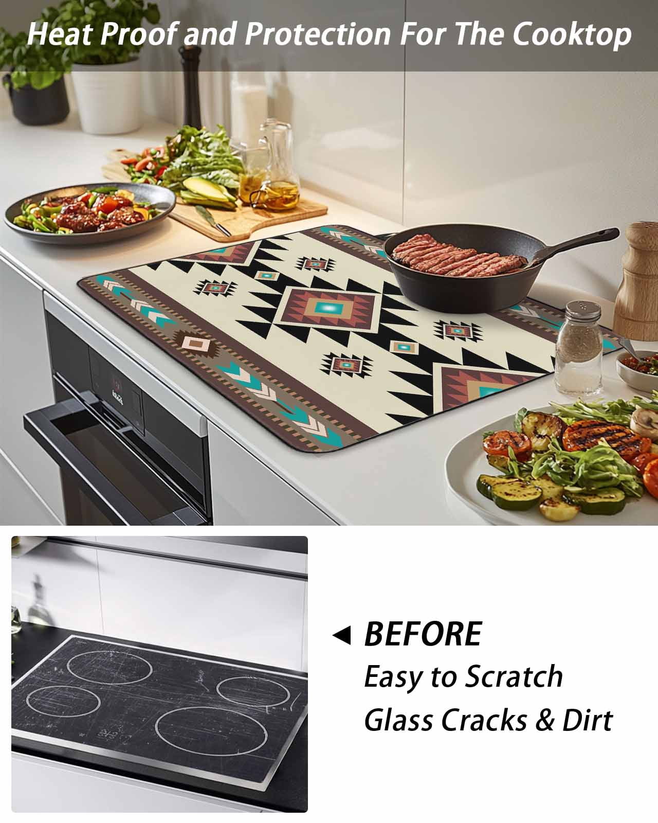 Stove Top Covers for Electric Stove, Southwest Geometric Glass Stovetop Cover Protector, Brown Mexican Aztec Boho Tribal Induction Cooktop Protector Oven Mat for Kitchen Countertop 24"x21"