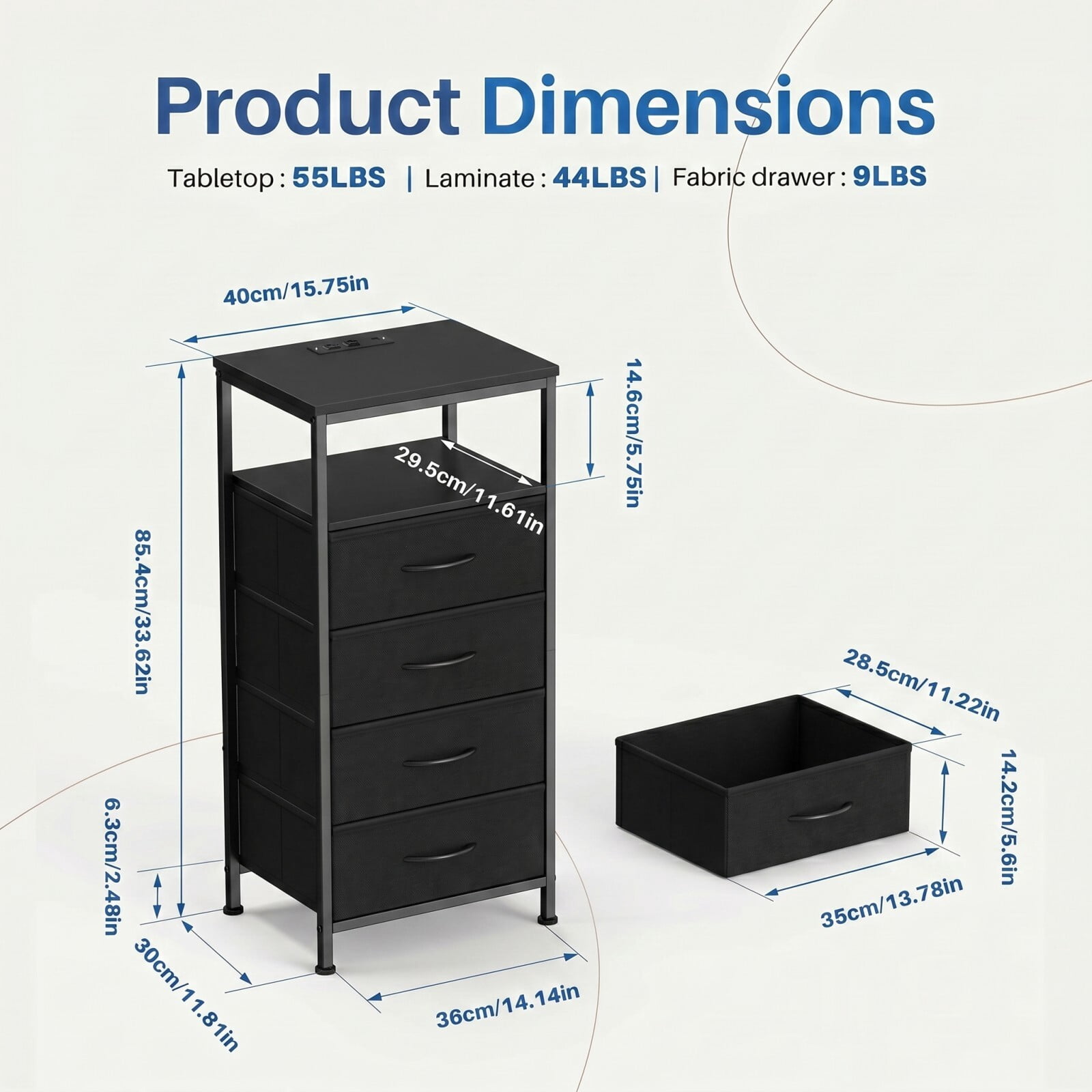 Kelno 4-Drawer Nightstand with Charging Station AC Outlets LED Light Dresser Bedside Table, Black