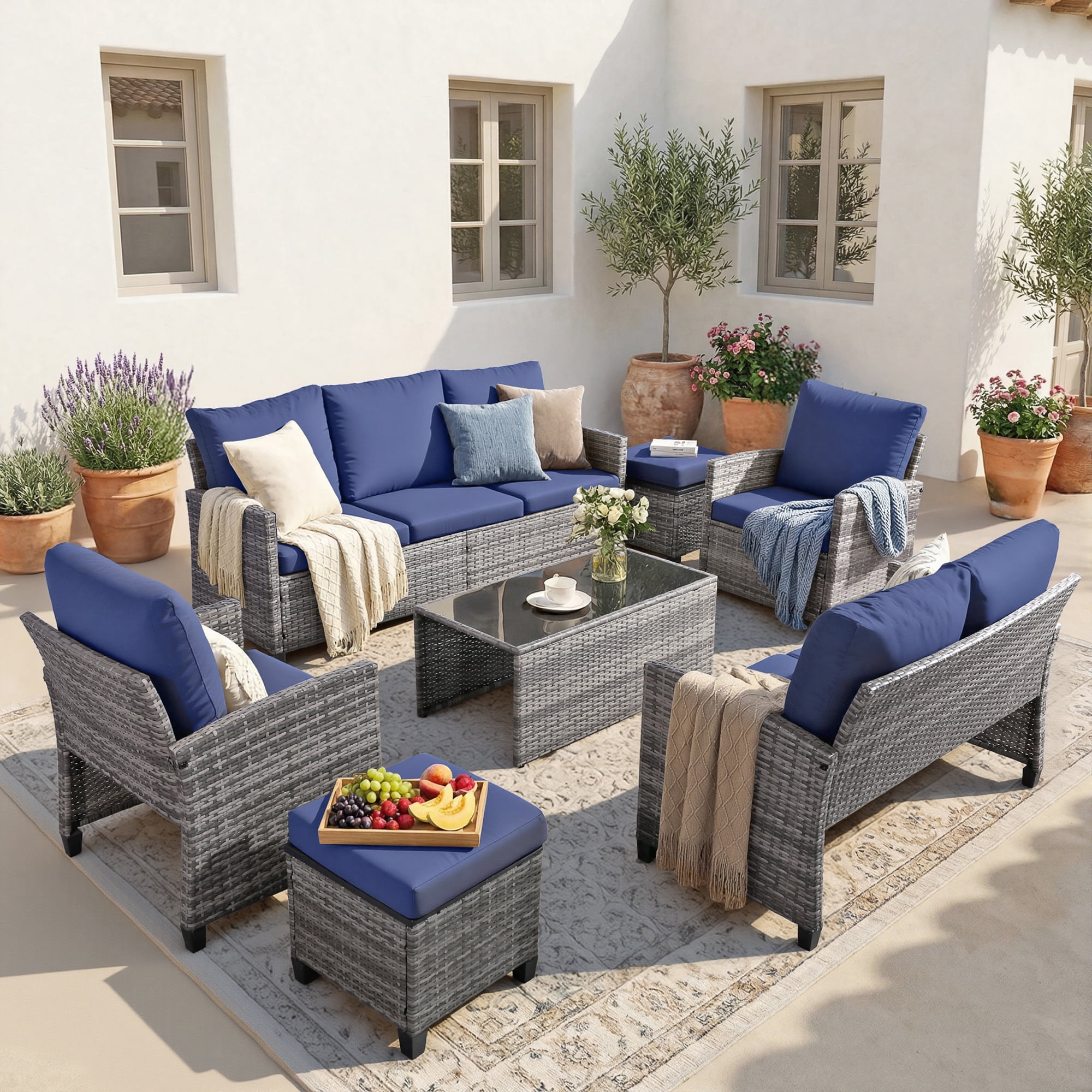 FHFO 7 Piece Outdoor Patio Furniture Sets Wicker Conversation Set PE Rattan Sectional Sofa Couch with Ottomans, and Coffee Table for Backyard, Porch and Garden(gray&Blue)