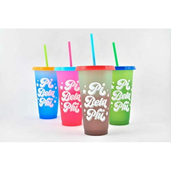 Sorority Shop Pi Beta Phi Color Changing Cups - Pack of 4 Reusable Cups with Lids and Straws, Pi Beta Phi Cup, Perfect Size 24 Oz Tumbler Cups, Mix and Match Lids With Cool Retro Design