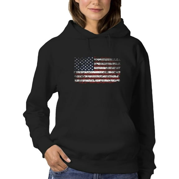 Smartprints Womens Graphic Hoodie Black - Grunge U.s. Flag Design Cotton Blend Classic Fit