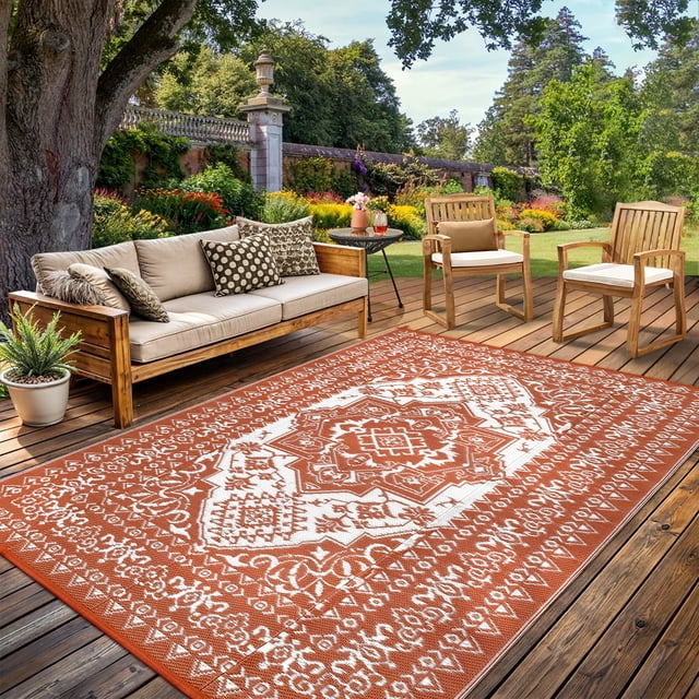 Garvee Outdoor Rug 10'x14' Waterproof Reversible Plastic Straw Rug, Indoor Outdoor Rug for Patio RV Camping Balcony Deck Backyard, Red & White