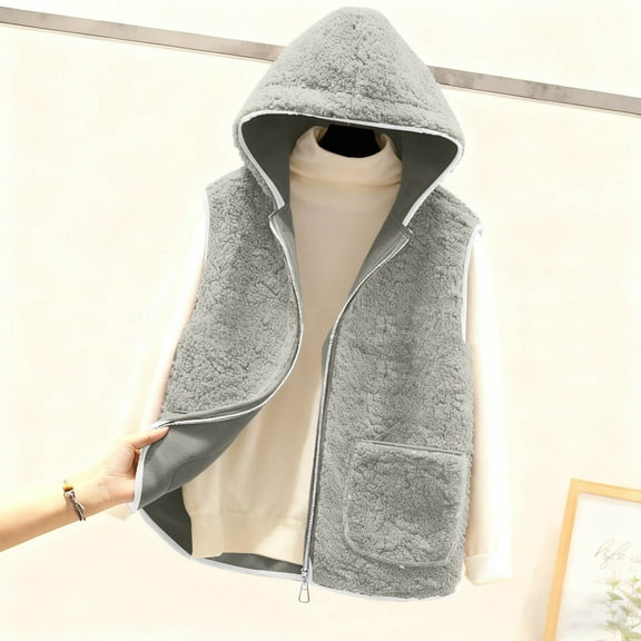 Homenesgenics Winter Clothes for Women Women Pocket Coat Short Jacket Vest Plus Size Winter Sleeveless Fleece Button Hooded Outerwear Gray XXL