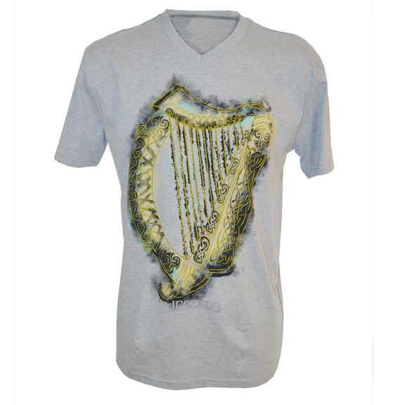 Traditional Craft LTD Men's Grey Ireland Harp V-Neck Summer T-Shirt