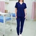 thumbnail image 1 of Conjunto de uniforme exfoliante para mujer, trajes de trabajo, Top de enfermera y pantalones para correr, ropa cómoda con cuello en V, Top exfoliante, Azul, 1 of 8
