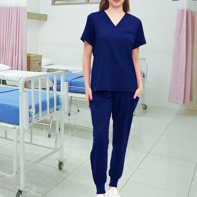 Conjunto de uniforme exfoliante para mujer, trajes de trabajo, Top de enfermera y pantalones para correr, ropa cómoda con cuello en V, Top exfoliante, Azul