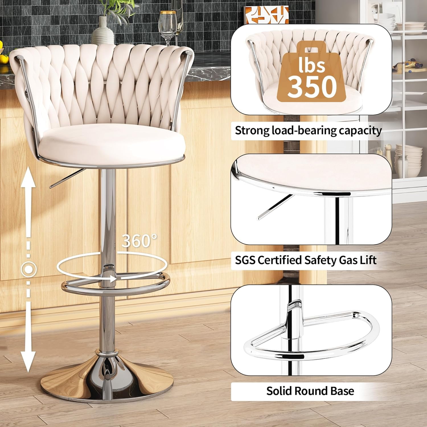 Baxluxe Velvet Bar Stools Set of 2, Swivel Counter Height Bar Chairs with Footrest, Metal Base Adjustable Pub Stools Island Chairs, High Stools Chairs for Kitchen Island, Pub, Restaurant, Beige