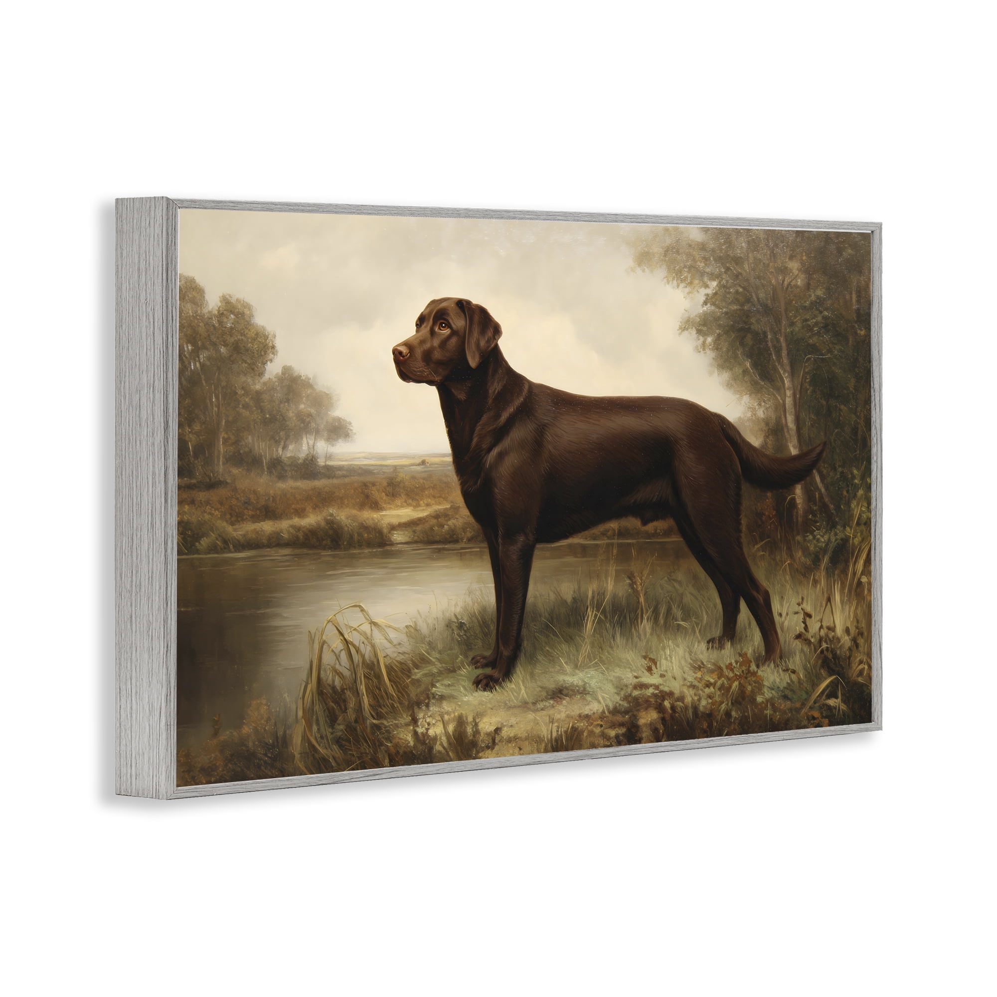 Stupell Industries Brown Lab By The River Gray Framed Giclee Art, design by Petal Prints Design