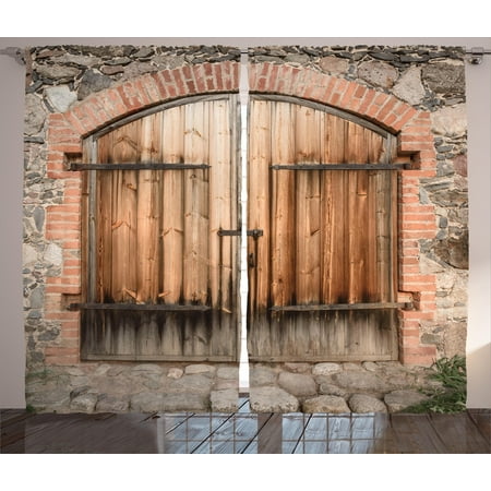 Wrought Iron Window Decor Rustic Curtains 2 Panels Set, Wooden Door of a Stone House with Wrought Iron Elements Tuscany Architecture Photo, Window Drapes for Living Room Bedroom, 108W X 90L Inches, Brown Grey, by Ambesonne ()