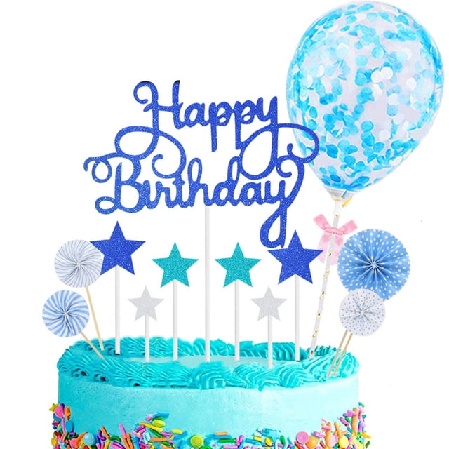 Adornos para tartas con forma de estrella, confeti, globo, para niñas, niños y mujeres, 12 unidades