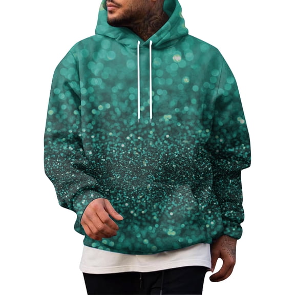 Men’s Hooded Sweatshirt Long Sleeve Pullover with Adjustable Drawstring and Abstract Glitter Pattern for Casual Wear Cyan L