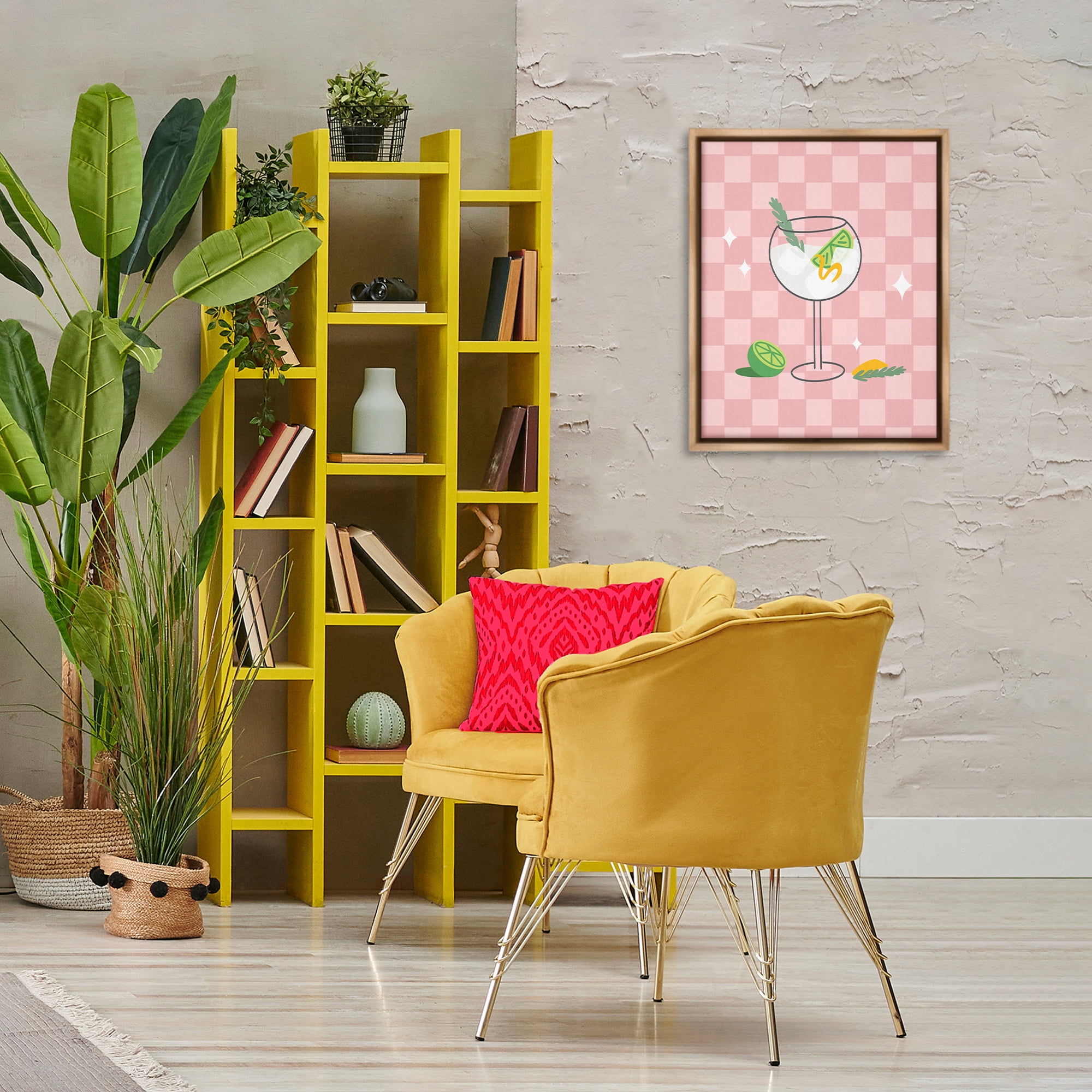 Stupell Industries Gin & Tonic on Checkered Food & Beverage Painting Brown Floater Framed Canvas Art Print Wall Art, 17 x 21