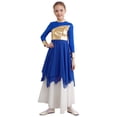 thumbnail image 2 of YIZYIF Kids Girls Bronzing Bodice Tunic Praise Worship Dance Dress Asymmetric Back Zipper Lyrical Contemporary Dance Costume Royal Blue 6, 2 of 7