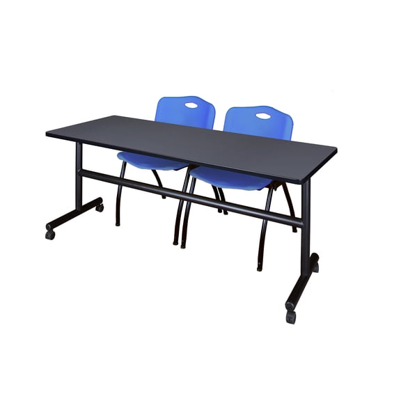 Regency Kobe 72 x 30 in. Flip-Top Training Nesting Table- Grey, 2 M Stack Chairs- Blue