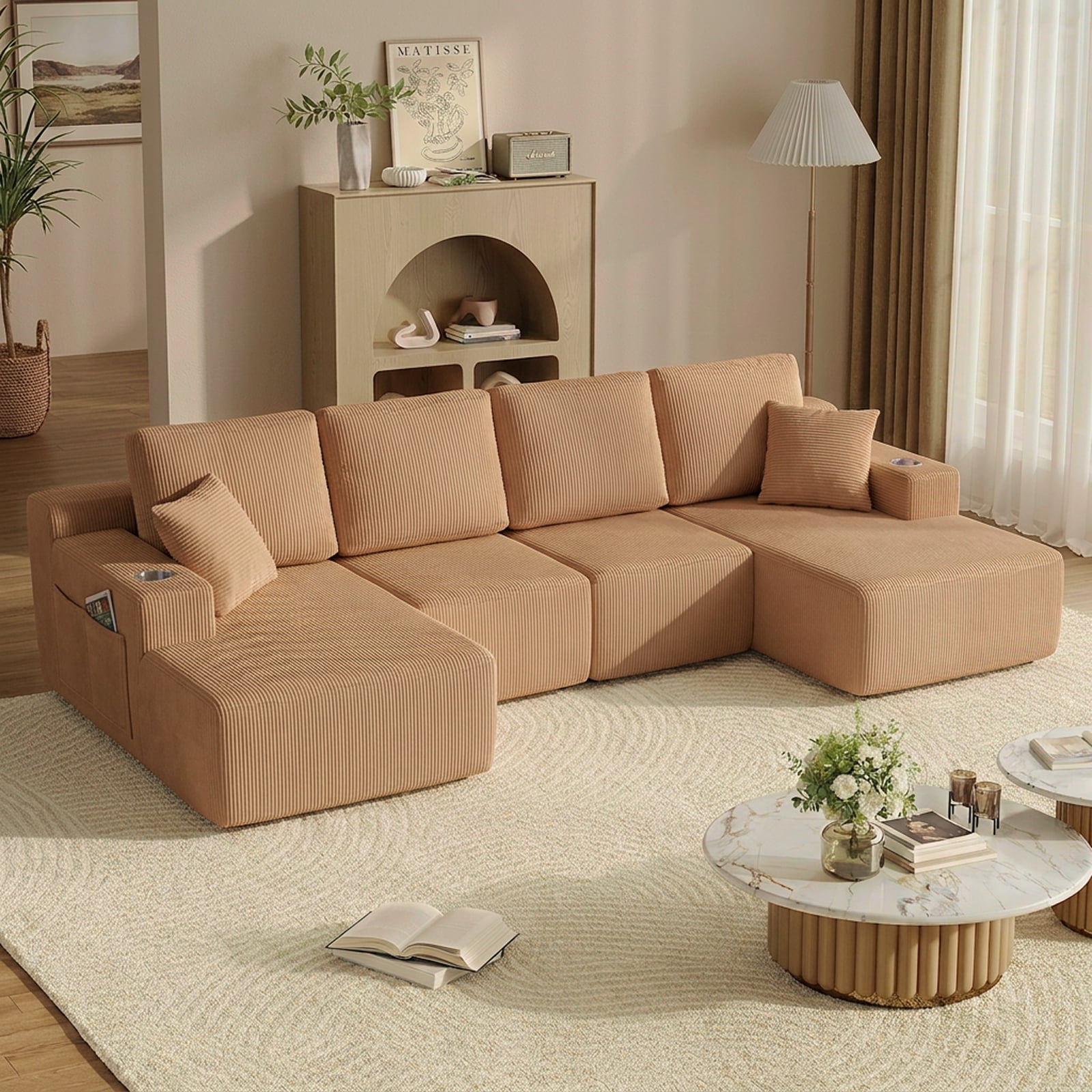 Leumius 130" U Shaped Sectional Couches with Chaise,Modern Deep Seat Boneless Corduroy Cloud Modular Sofa for Living Room,Brown