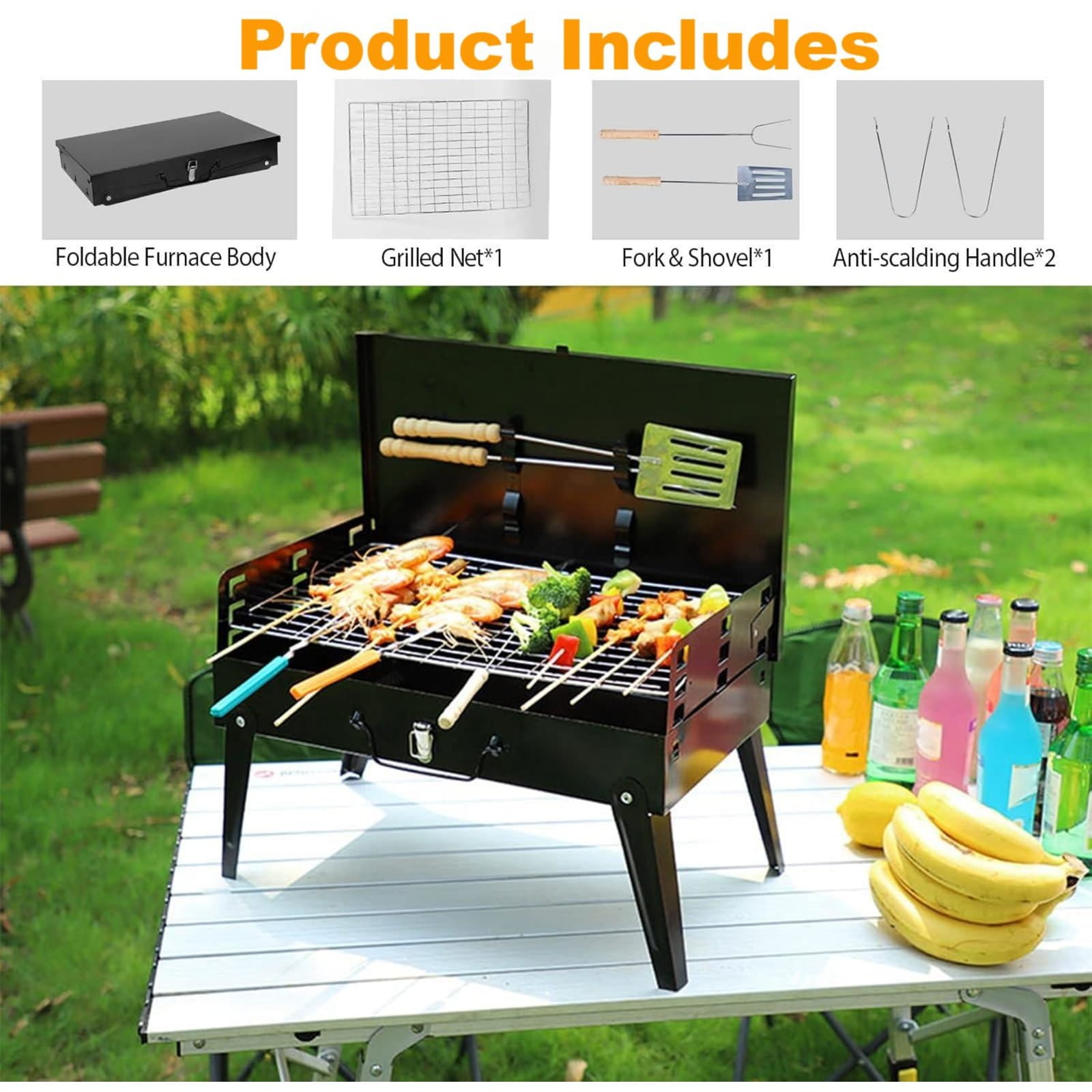 Portable Charcoal Grill, Small Foldable Tabletop BBQ Grill with Lid & Barbecue Accessories, Mini Charcoal Barbecue Grill for Outdoor Camping Cooking Picnic Beach Patio (18.5 x 10.62 x 18.11in, Black)